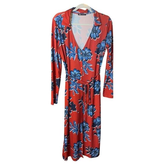 ZARA Plunge Tropical Floral Print Button Front Tie Waist Long Sleeve Midi Dress - Picture 3 of 14